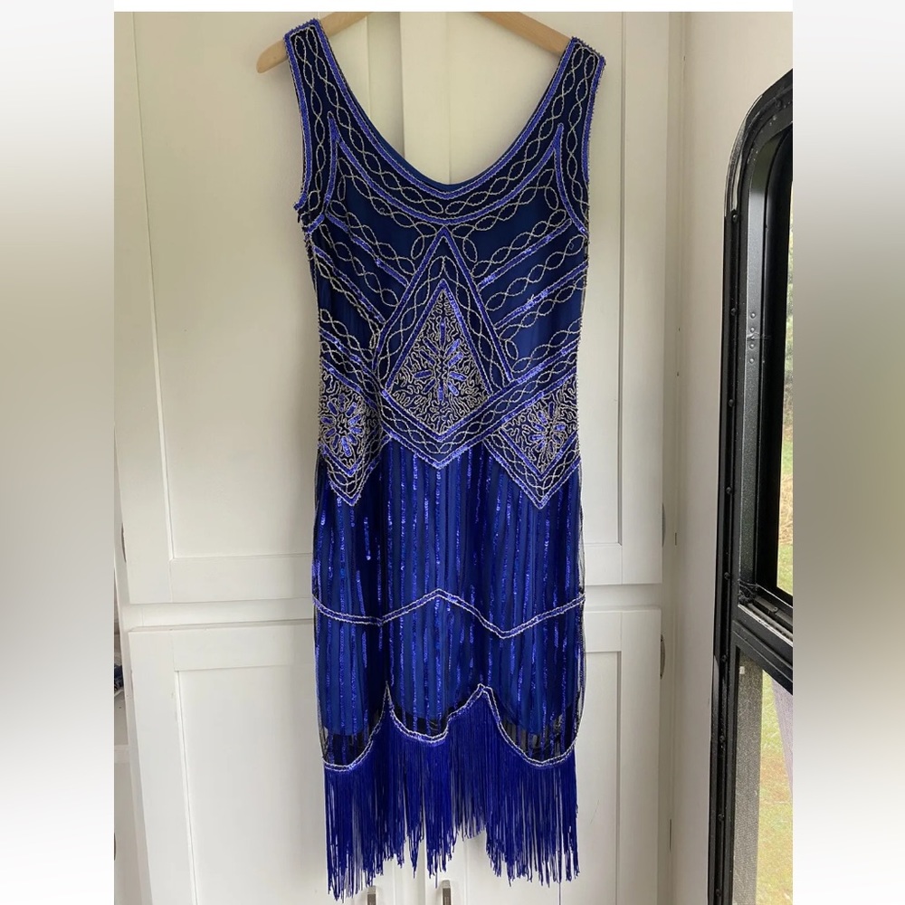 NWT Babeyond Women's Flapper 1920s V-Neck Beaded Fringed Blue Dress- Large